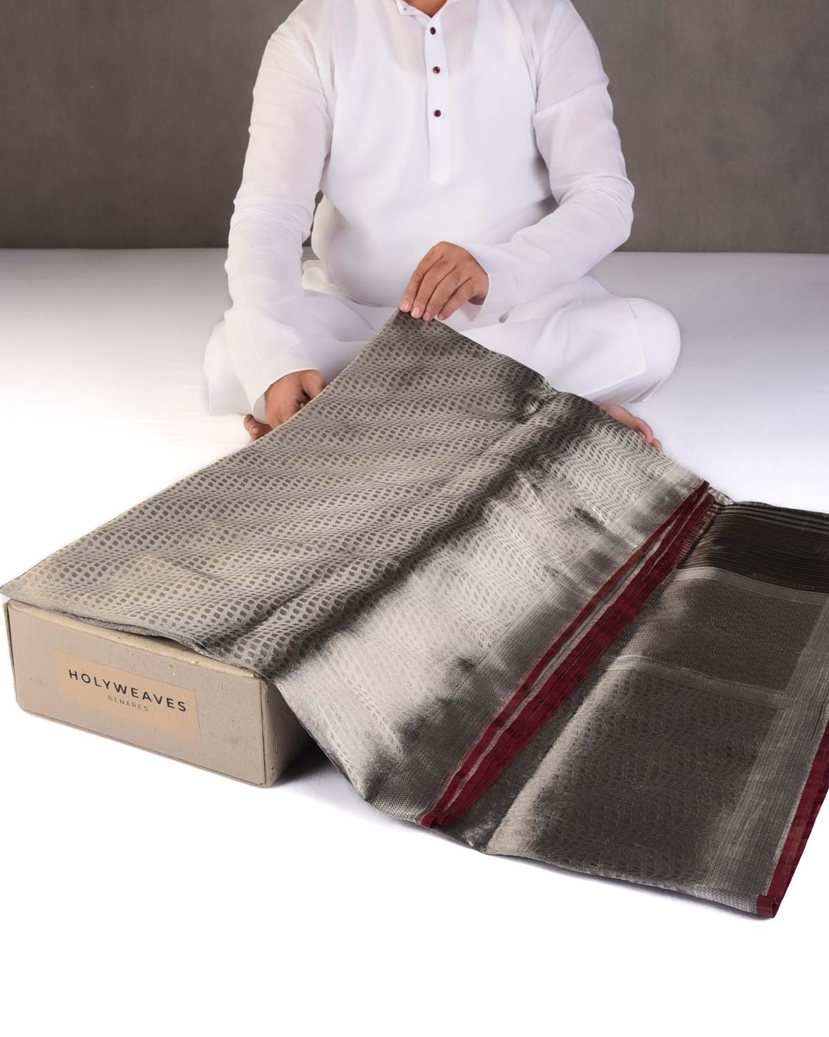 Metallic Silver Gray Illusion Brocade Handwoven Tissue Banarasi Saree-HolyWeaves