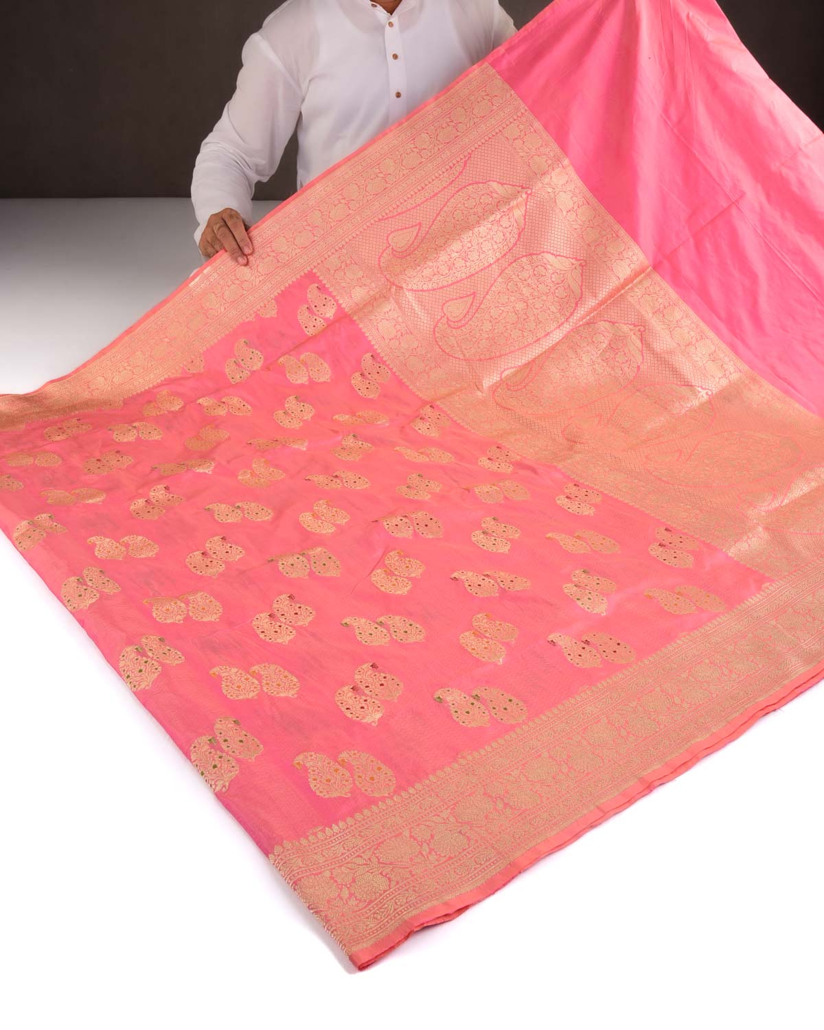 Light Coral Pink Banarasi Gold Zari Duet Meenekari Paisleys Tanchoi Brocade Handwoven Katan Silk Saree-HolyWeaves