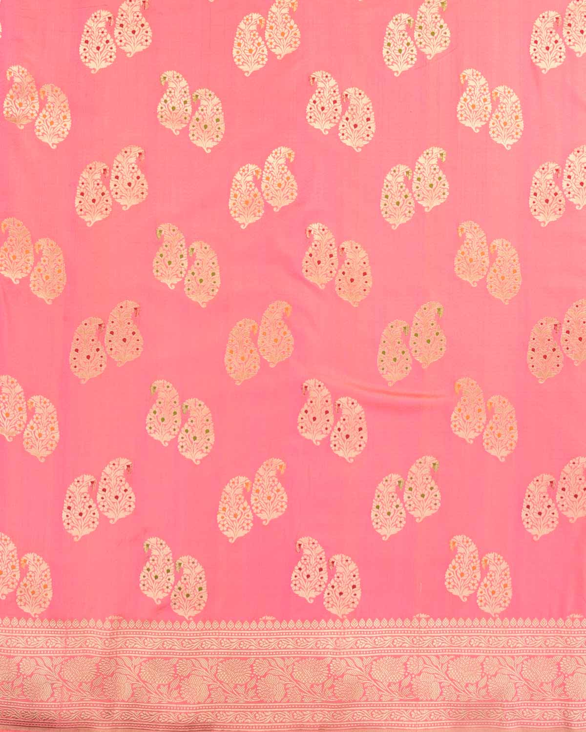 Light Coral Pink Banarasi Gold Zari Duet Meenekari Paisleys Tanchoi Brocade Handwoven Katan Silk Saree-HolyWeaves