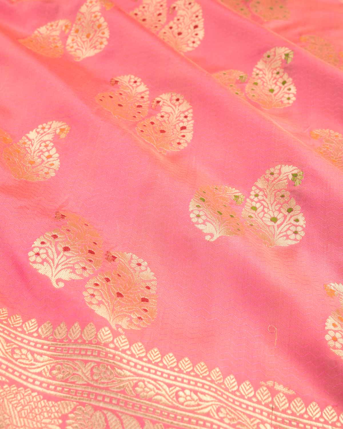 Light Coral Pink Banarasi Gold Zari Duet Meenekari Paisleys Tanchoi Brocade Handwoven Katan Silk Saree-HolyWeaves