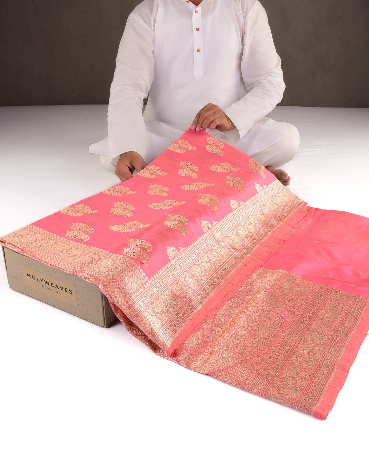 Light Coral Pink Banarasi Gold Zari Duet Meenekari Paisleys Tanchoi Brocade Handwoven Katan Silk Saree-HolyWeaves