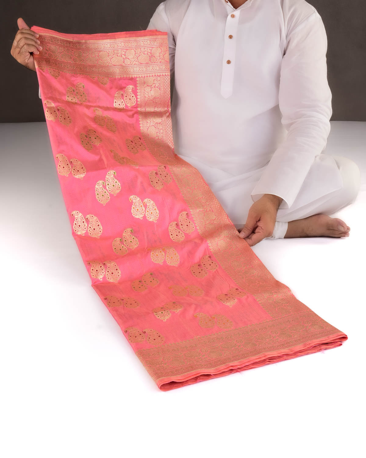 Light Coral Pink Banarasi Gold Zari Duet Meenekari Paisleys Tanchoi Brocade Handwoven Katan Silk Saree-HolyWeaves