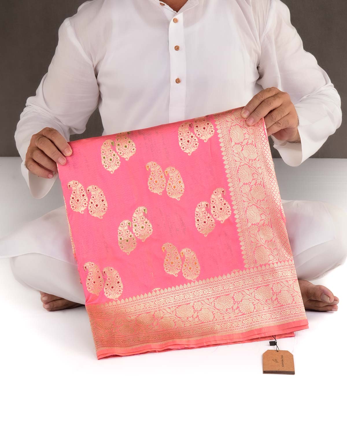 Light Coral Pink Banarasi Gold Zari Duet Meenekari Paisleys Tanchoi Brocade Handwoven Katan Silk Saree-HolyWeaves