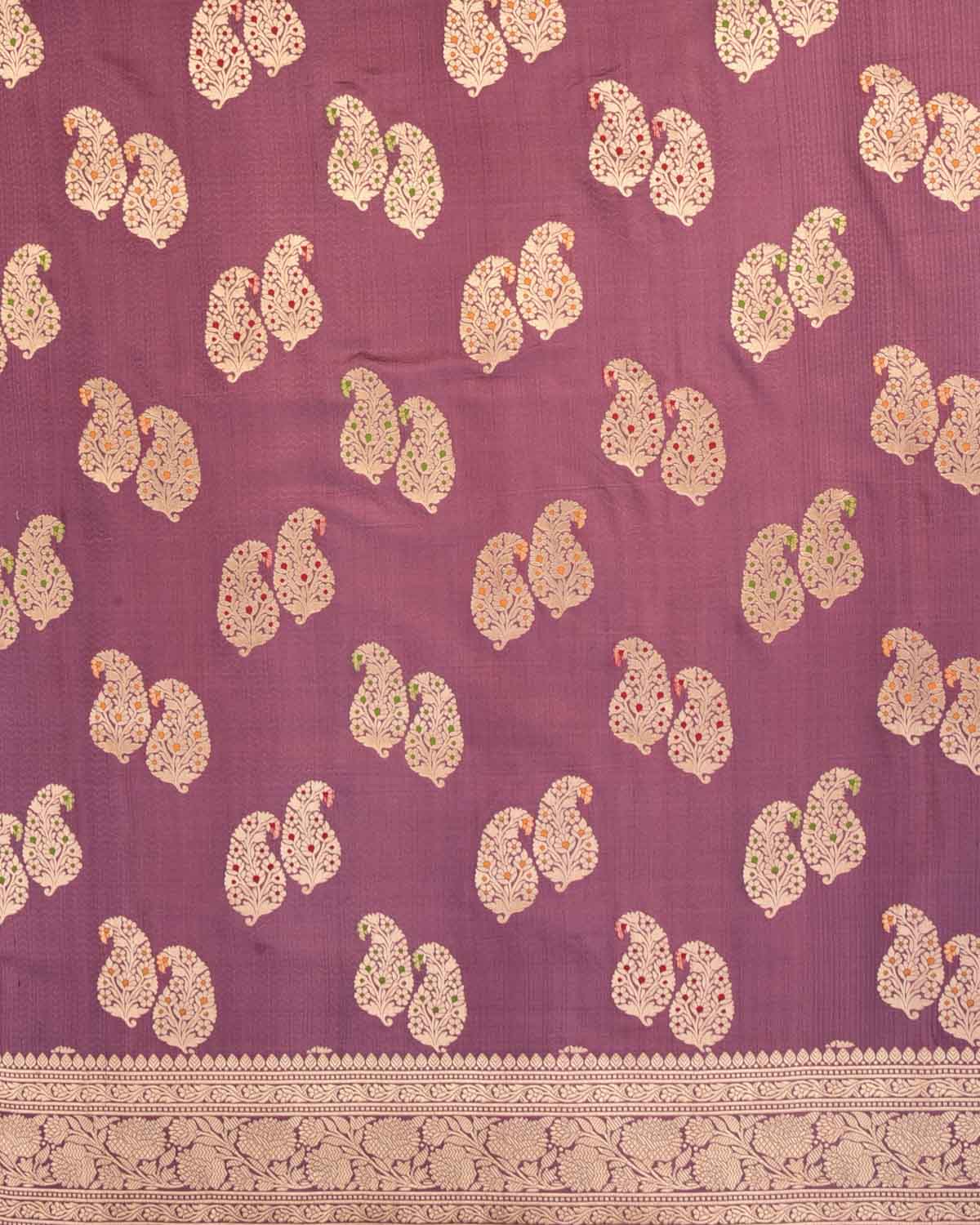 French Lilac Banarasi Gold Zari Duet Meenekari Paisleys Tanchoi Brocade Handwoven Katan Silk Saree-HolyWeaves