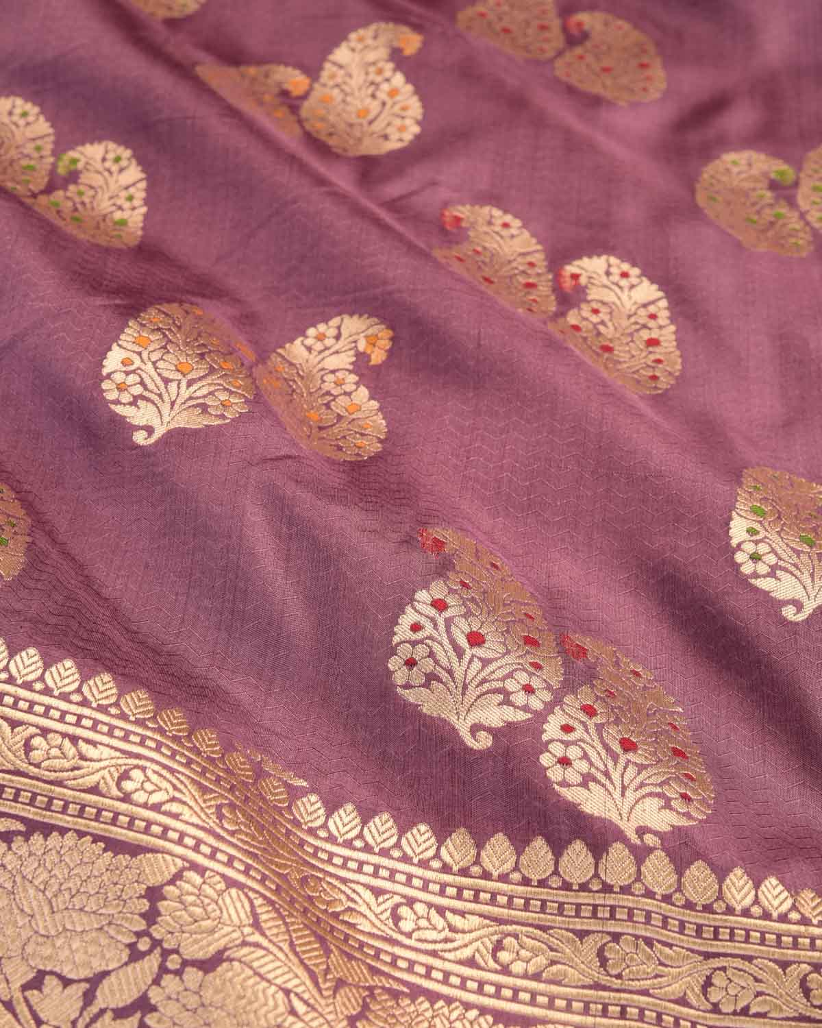 French Lilac Banarasi Gold Zari Duet Meenekari Paisleys Tanchoi Brocade Handwoven Katan Silk Saree-HolyWeaves