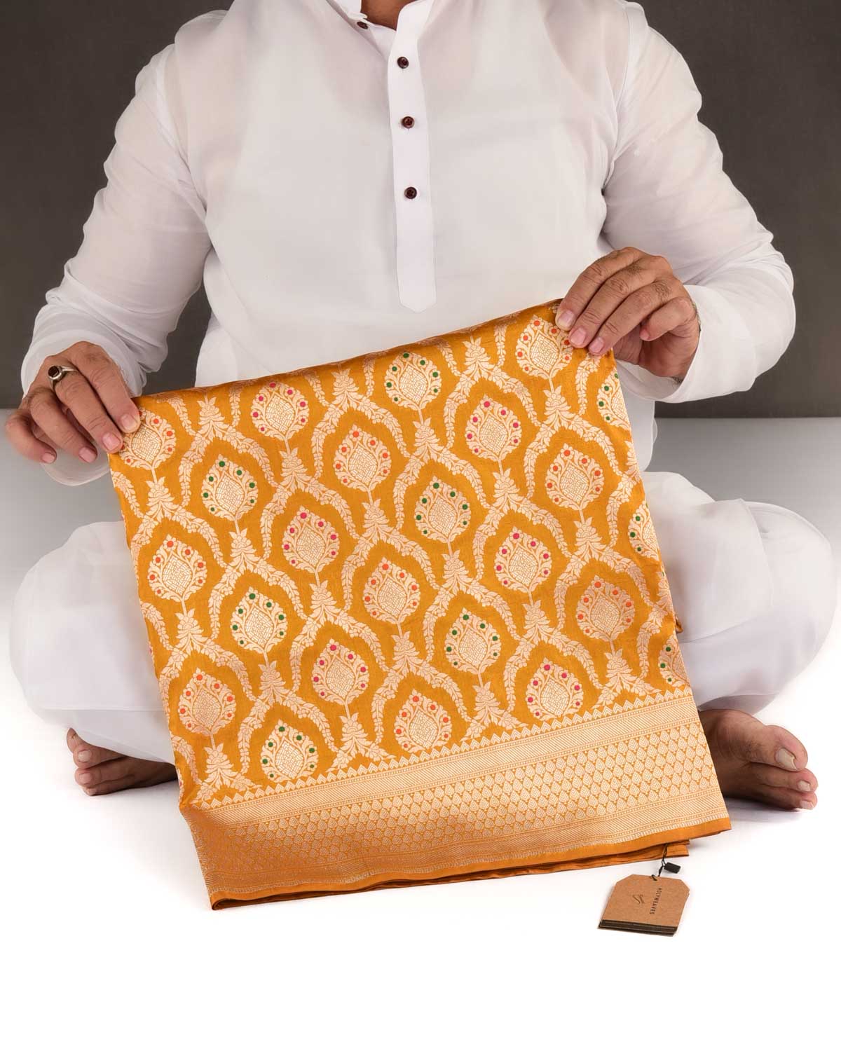 Mustard Yellow Banarasi Gold Zari & Meenekari Jangla Cutwork Brocade Handwoven Katan Silk Saree-HolyWeaves