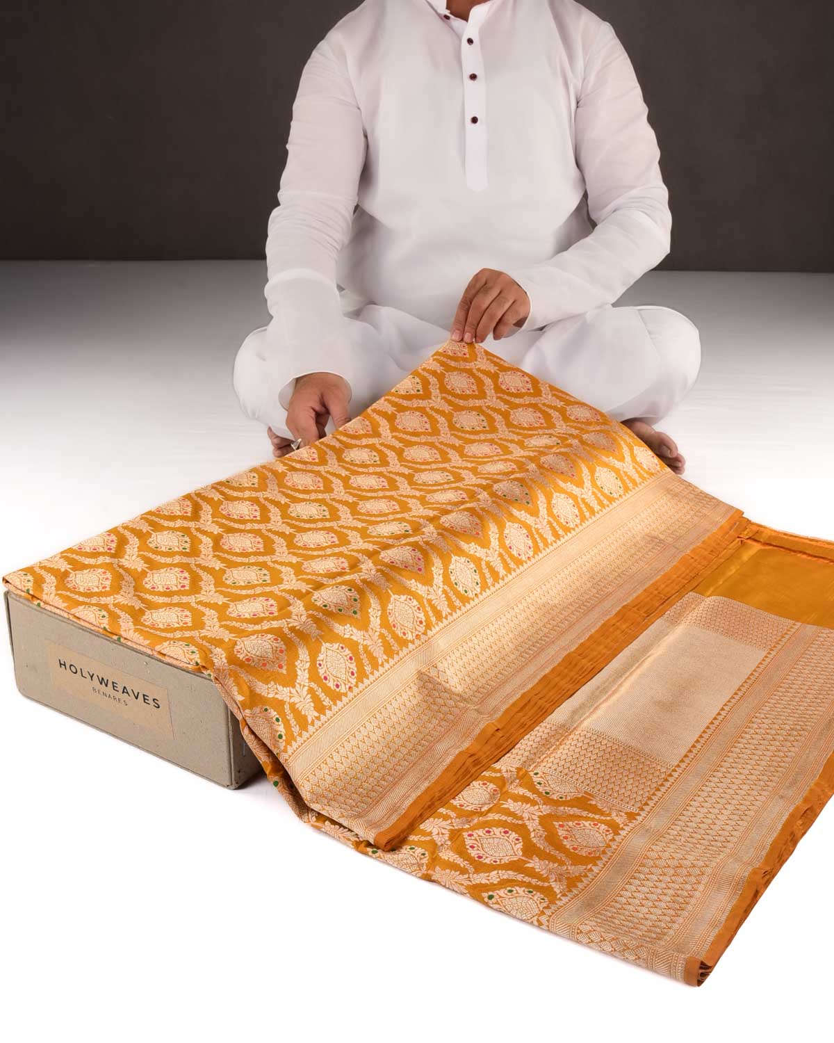 Mustard Yellow Banarasi Gold Zari & Meenekari Jangla Cutwork Brocade Handwoven Katan Silk Saree-HolyWeaves