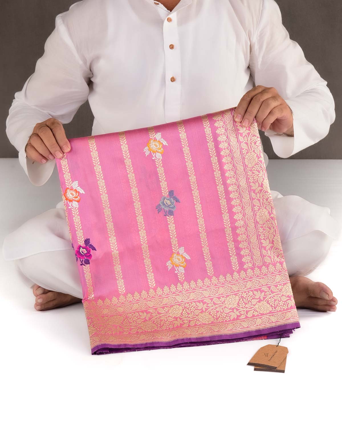 Thulian Pink Banarasi Gold Zari Stripes And Meenekari Gulab Kadhuan Brocade Handwoven Katan Silk Saree-HolyWeaves