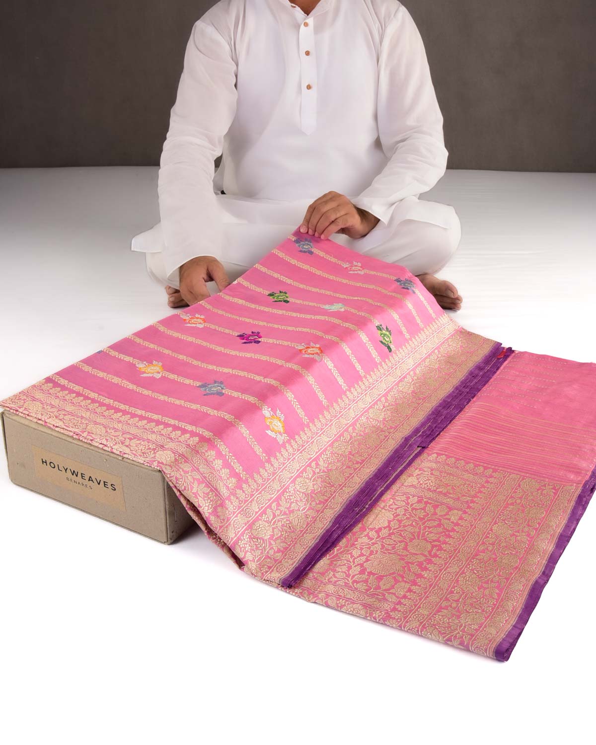 Thulian Pink Banarasi Gold Zari Stripes And Meenekari Gulab Kadhuan Brocade Handwoven Katan Silk Saree-HolyWeaves