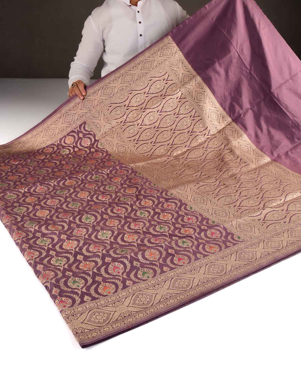 French Lilac Banarasi Gold Zari And Meena Mughal Damask Cutwork Brocade Handwoven Katan Silk Saree-HolyWeaves