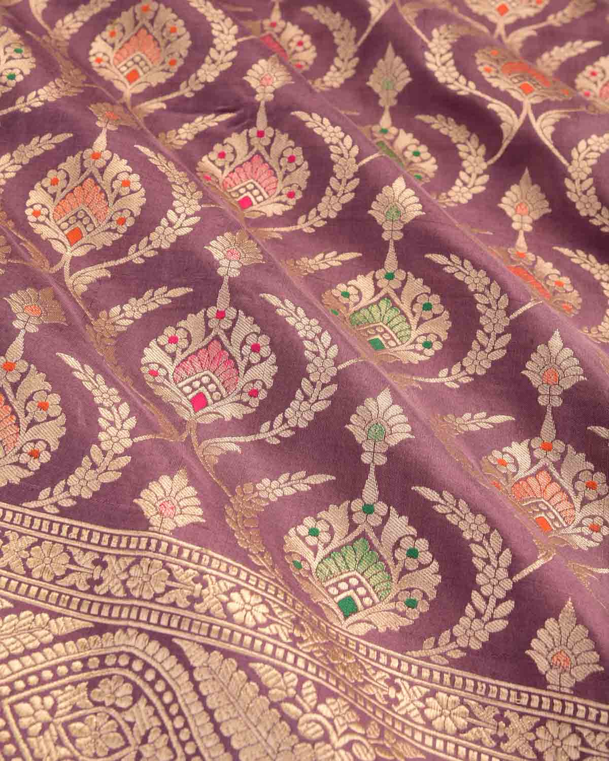 French Lilac Banarasi Gold Zari And Meena Mughal Damask Cutwork Brocade Handwoven Katan Silk Saree-HolyWeaves