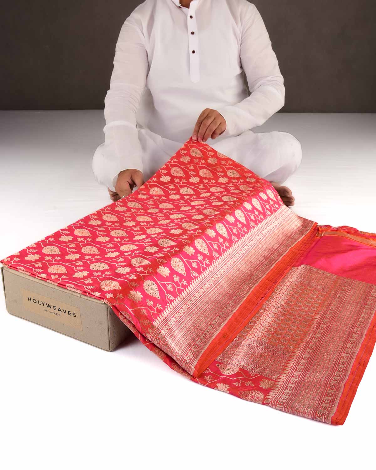 Shot Pink-Orange Gold Zari And Meena Mughal Damask Cutwork Brocade Handwoven Katan Silk Banarasi Saree-HolyWeaves