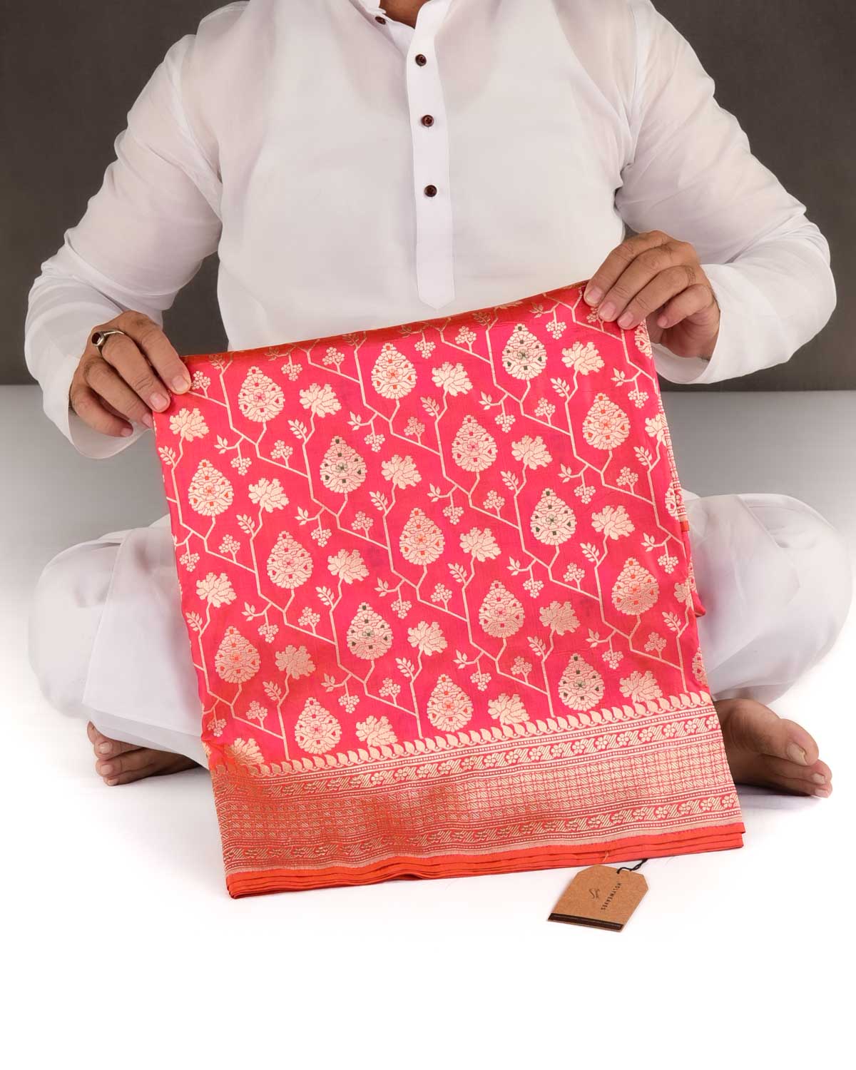 Shot Pink-Orange Gold Zari And Meena Mughal Damask Cutwork Brocade Handwoven Katan Silk Banarasi Saree-HolyWeaves