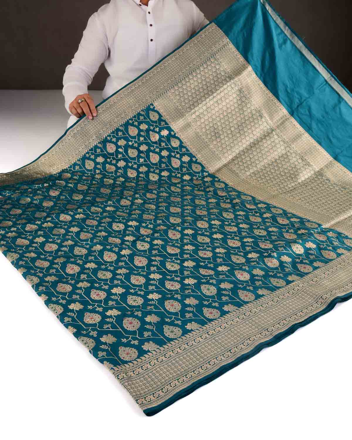 Shot Teal Blue Gold Zari And Meena Mughal Damask Cutwork Brocade Handwoven Katan Silk Banarasi Saree-HolyWeaves