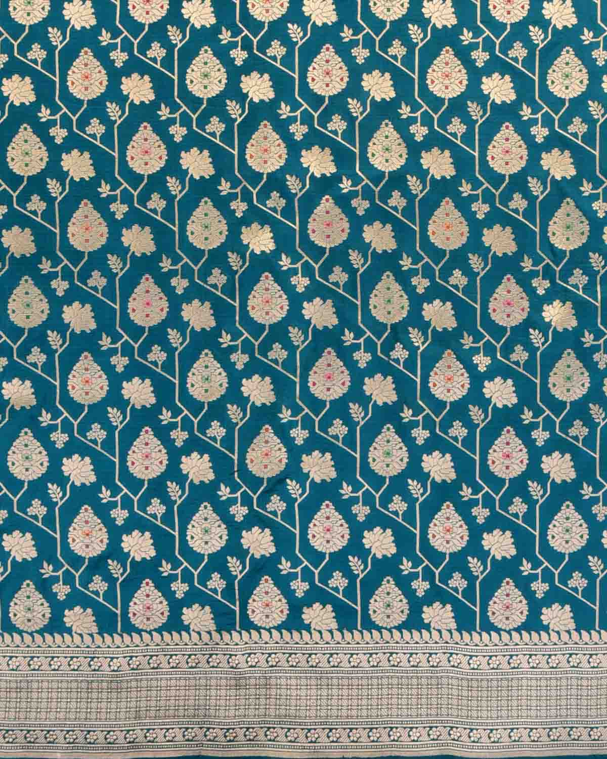 Shot Teal Blue Gold Zari And Meena Mughal Damask Cutwork Brocade Handwoven Katan Silk Banarasi Saree-HolyWeaves