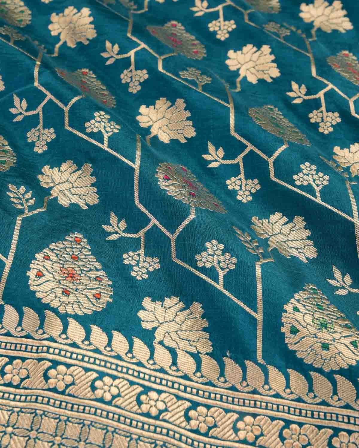 Shot Teal Blue Gold Zari And Meena Mughal Damask Cutwork Brocade Handwoven Katan Silk Banarasi Saree-HolyWeaves