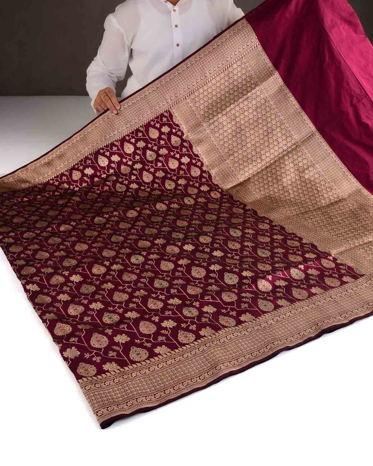 Shot Purple Gold Zari And Meena Mughal Damask Cutwork Brocade Handwoven Katan Silk Banarasi Saree-HolyWeaves