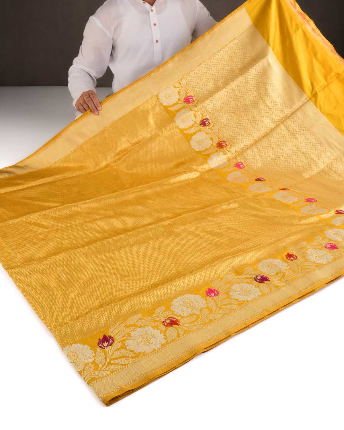 Mustard Yellow Gold Zari Chevron Kadhuan Brocade Handwoven Katan Silk Banarasi Saree with Meenekari Border-HolyWeaves