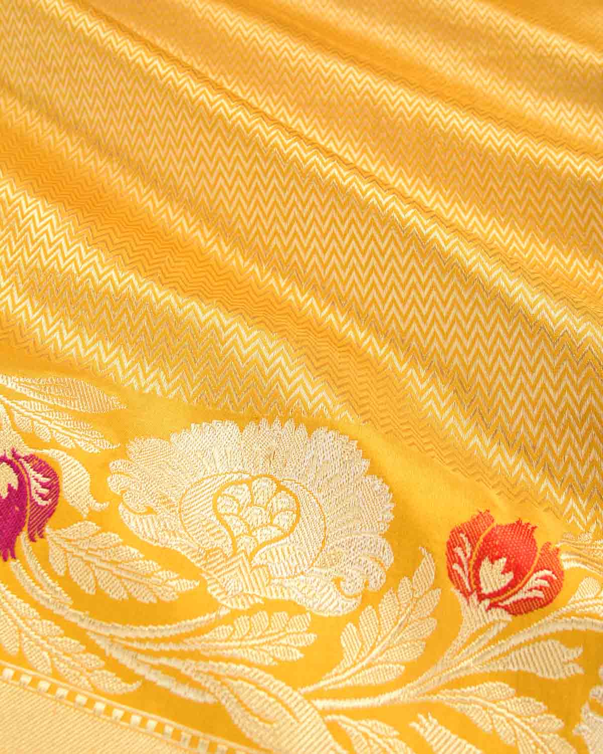 Mustard Yellow Gold Zari Chevron Kadhuan Brocade Handwoven Katan Silk Banarasi Saree with Meenekari Border-HolyWeaves