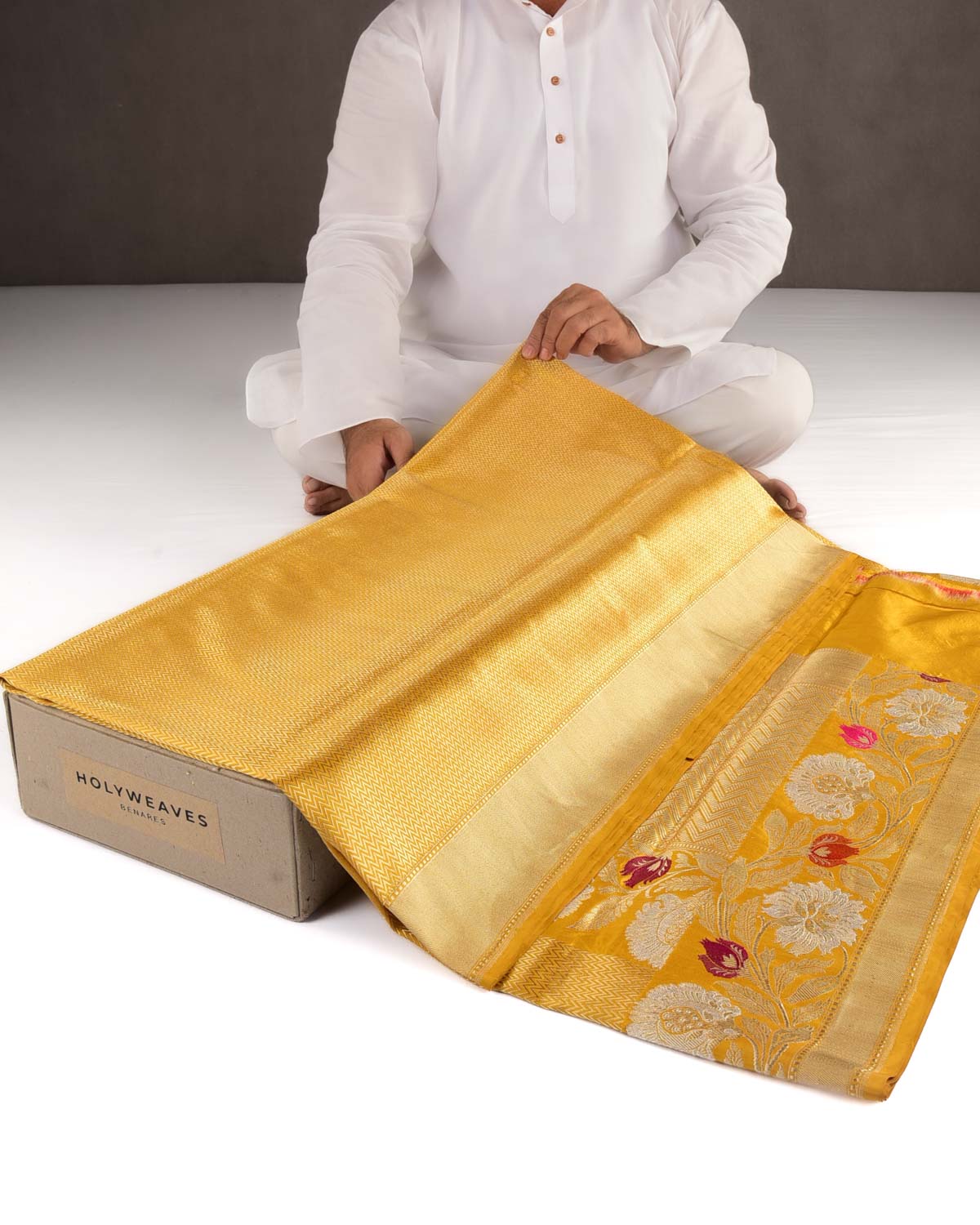 Mustard Yellow Gold Zari Chevron Kadhuan Brocade Handwoven Katan Silk Banarasi Saree with Meenekari Border-HolyWeaves