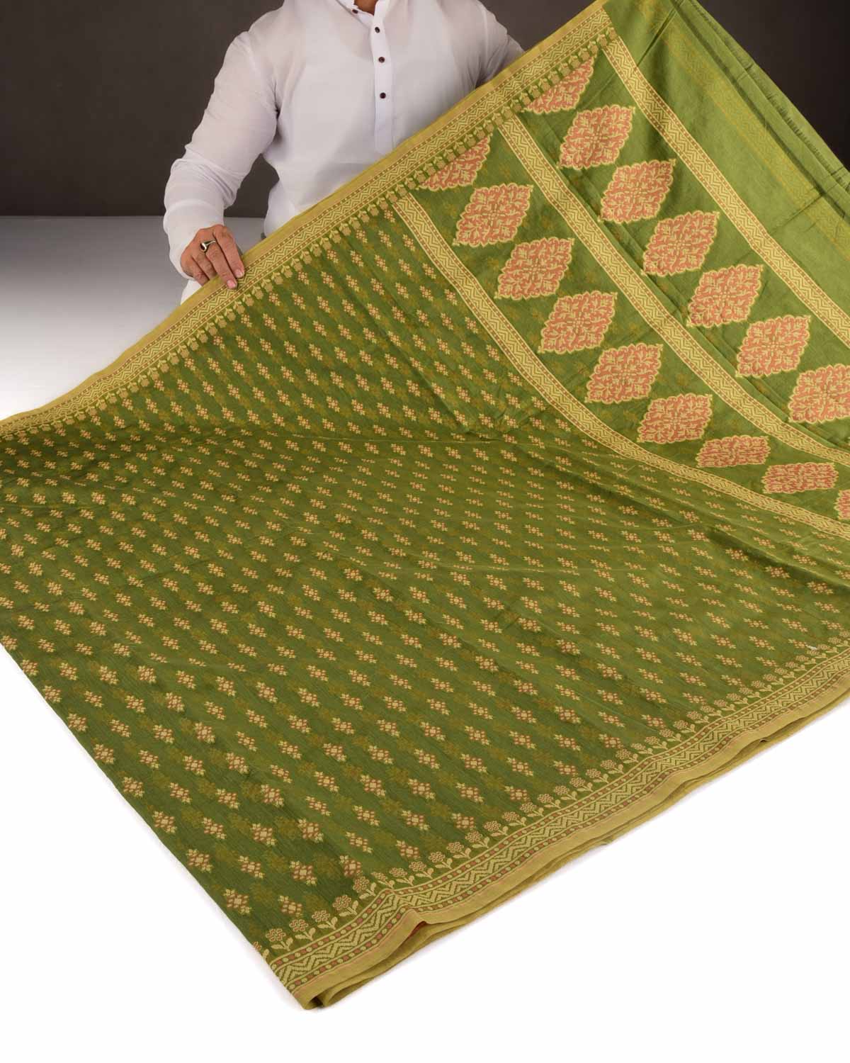 Olive Green Resham Buti Cutwork Brocade Woven Art Cotton Silk Banarasi Saree-HolyWeaves