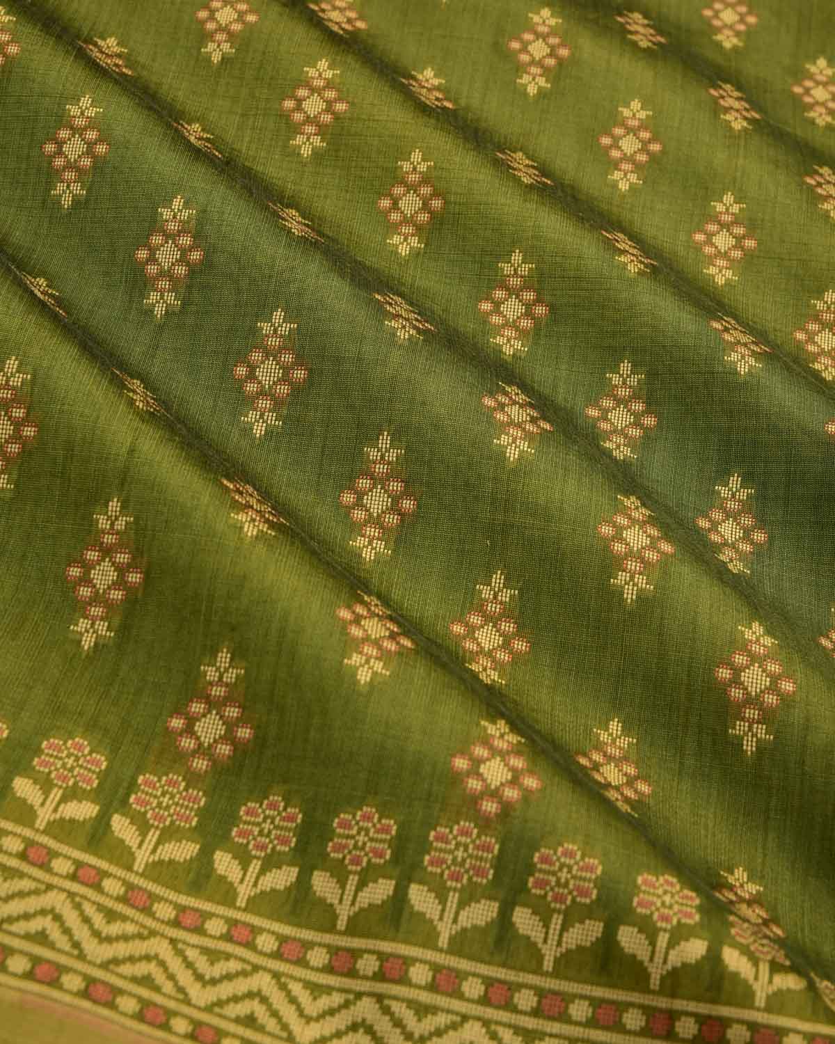 Olive Green Resham Buti Cutwork Brocade Woven Art Cotton Silk Banarasi Saree-HolyWeaves