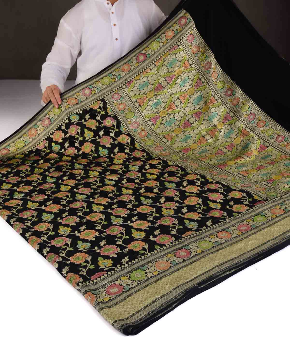 Black Gold Zari Floral Jaal Hand-Brush Dye Cutwork Brocade Handwoven Khaddi Georgette Banarasi Saree-HolyWeaves