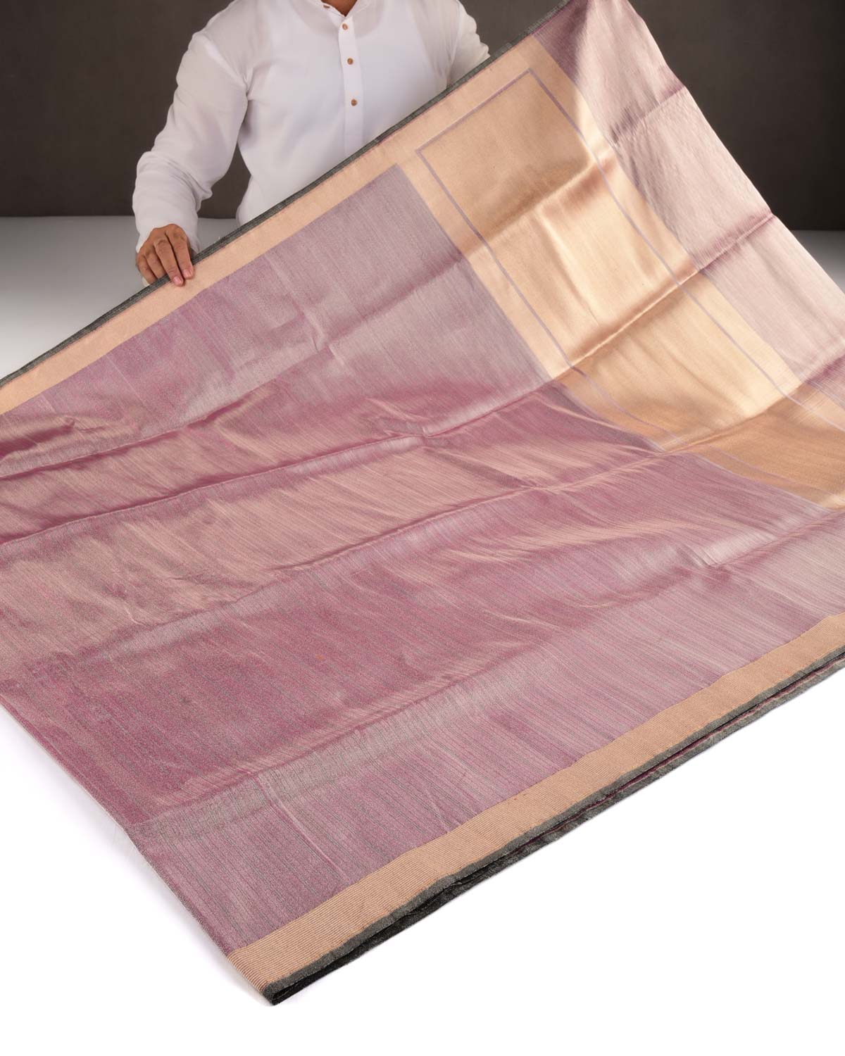 Metallic Pink Silver Pinstripes Brocade Handwoven Katan Tissue Banarasi Saree-HolyWeaves