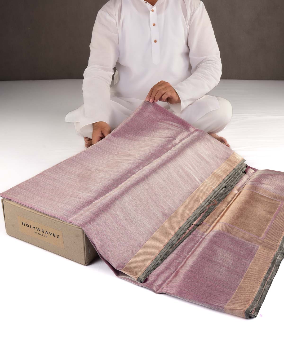 Metallic Pink Silver Pinstripes Brocade Handwoven Katan Tissue Banarasi Saree-HolyWeaves