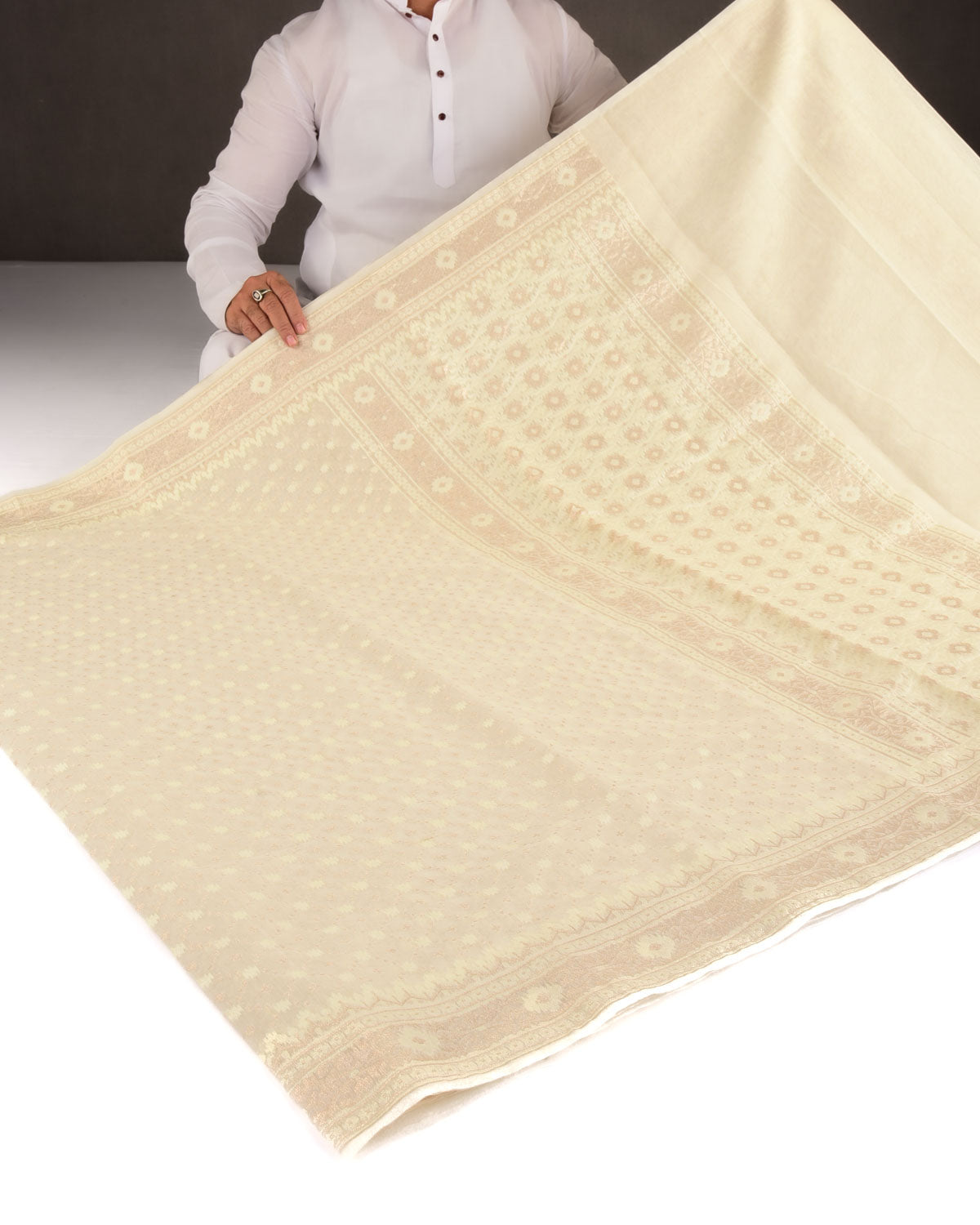 Ivory White Gold Zari & Resham Jangla Cutwork Brocade Woven Art Cotton Silk Banarasi Saree-HolyWeaves