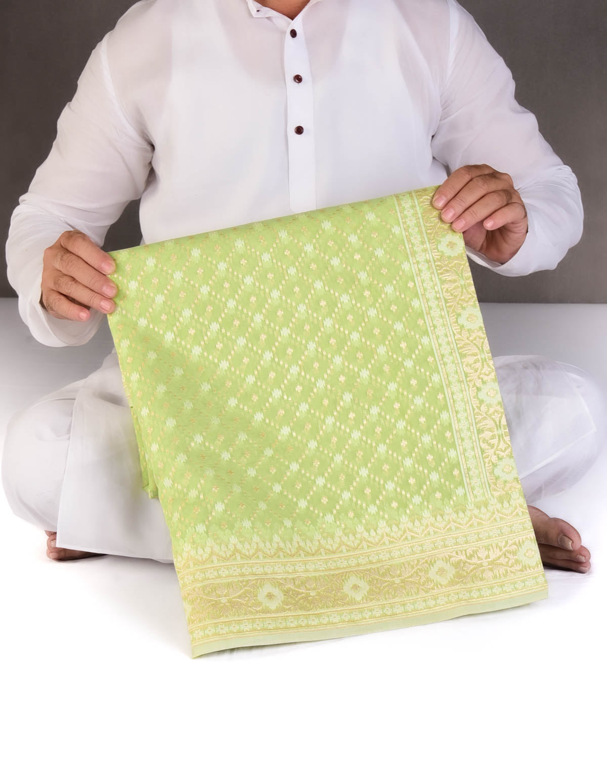 Green Gold Zari & Resham Jangla Cutwork Brocade Woven Art Cotton Silk Banarasi Saree-HolyWeaves