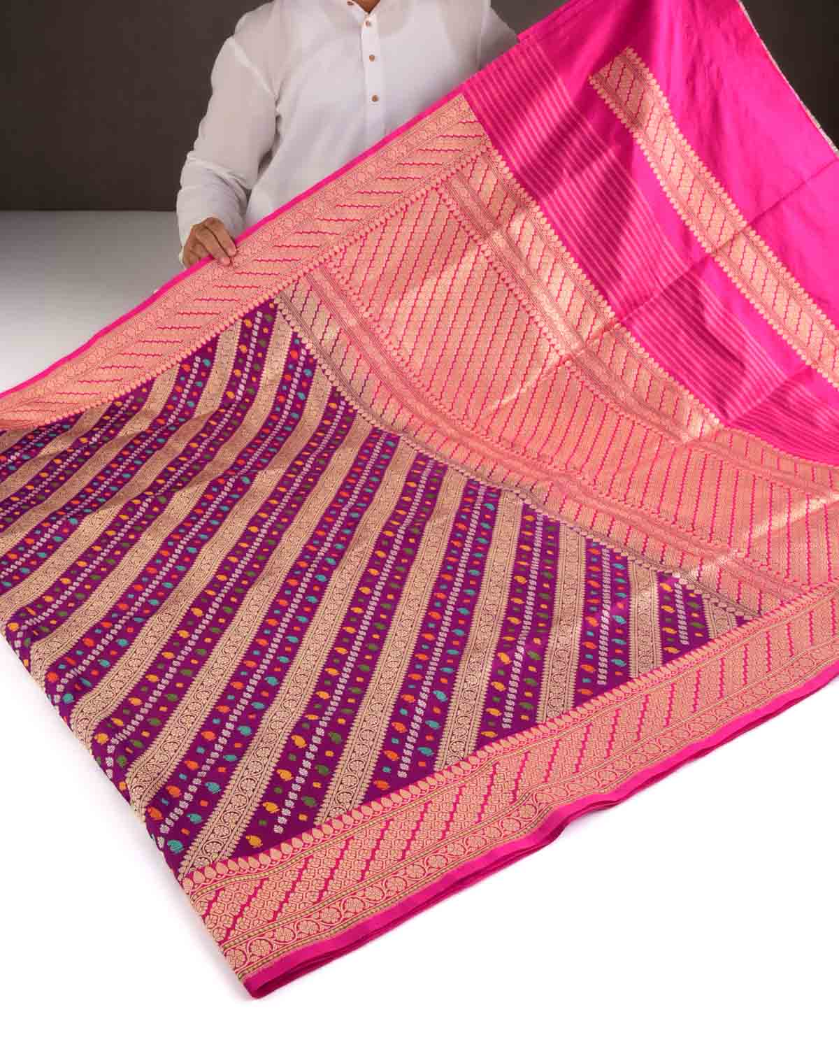 Purple Gold Silver and Resham Diagonal Stripes Kadhuan Brocade Handwoven Katan Silk Banarasi Saree-HolyWeaves