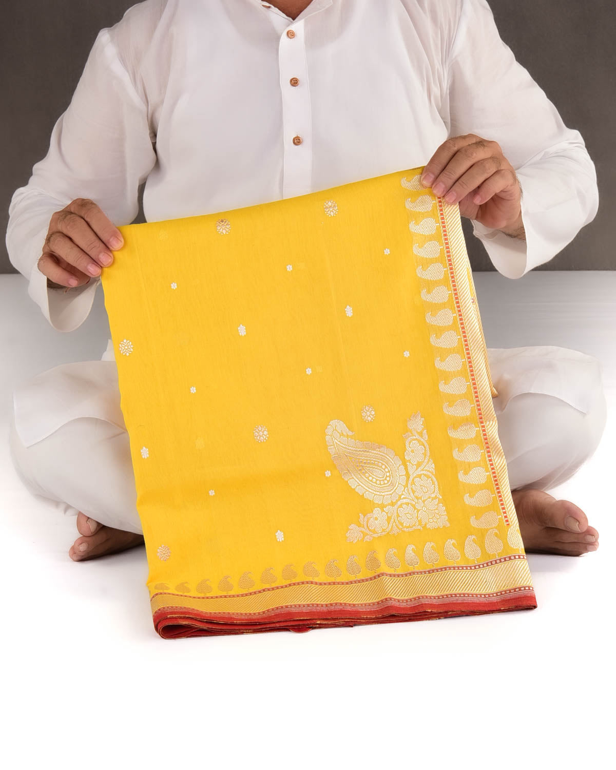 Yellow Pitambari Gold & Silver Zari Buti Kadhuan Brocade Handwoven Cotton Banarasi Saree with Koniya Buta-HolyWeaves