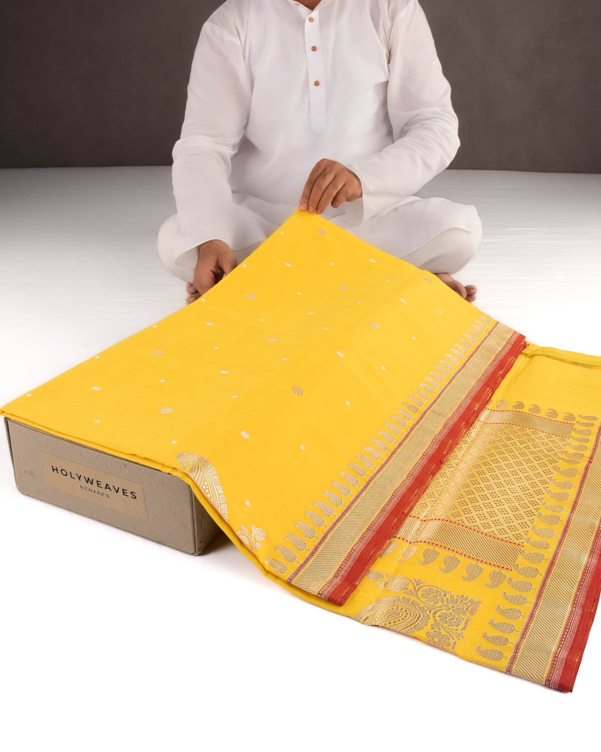 Yellow Pitambari Gold & Silver Zari Buti Kadhuan Brocade Handwoven Cotton Banarasi Saree with Koniya Buta-HolyWeaves