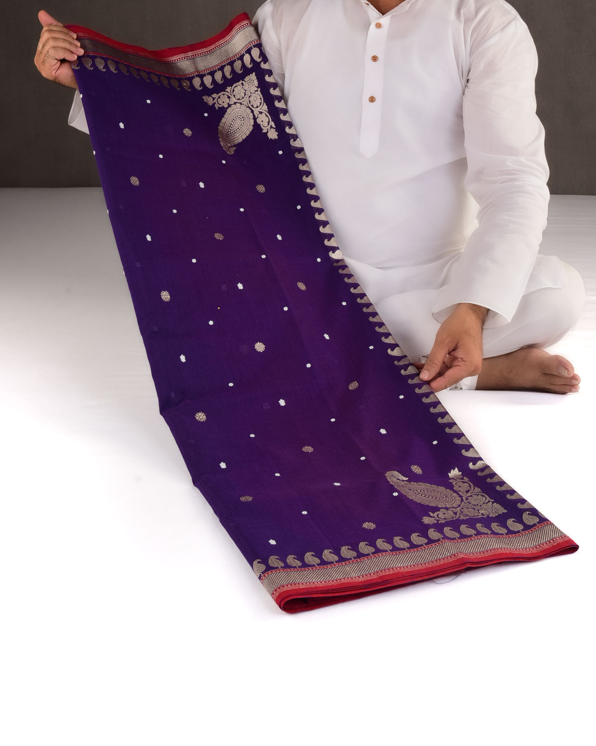 Purple Nilambari Gold & Silver Zari Buti Kadhuan Brocade Handwoven Cotton Banarasi Saree with Koniya Buta-HolyWeaves