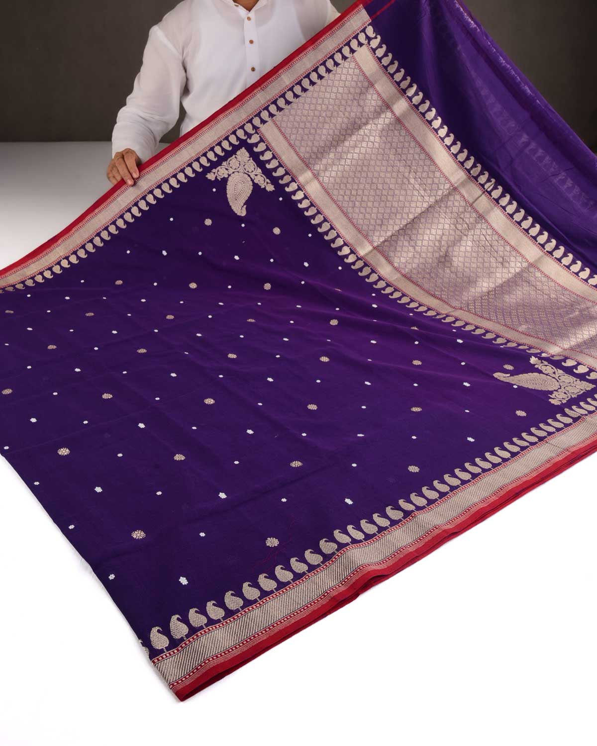 Purple Nilambari Gold & Silver Zari Buti Kadhuan Brocade Handwoven Cotton Banarasi Saree with Koniya Buta-HolyWeaves