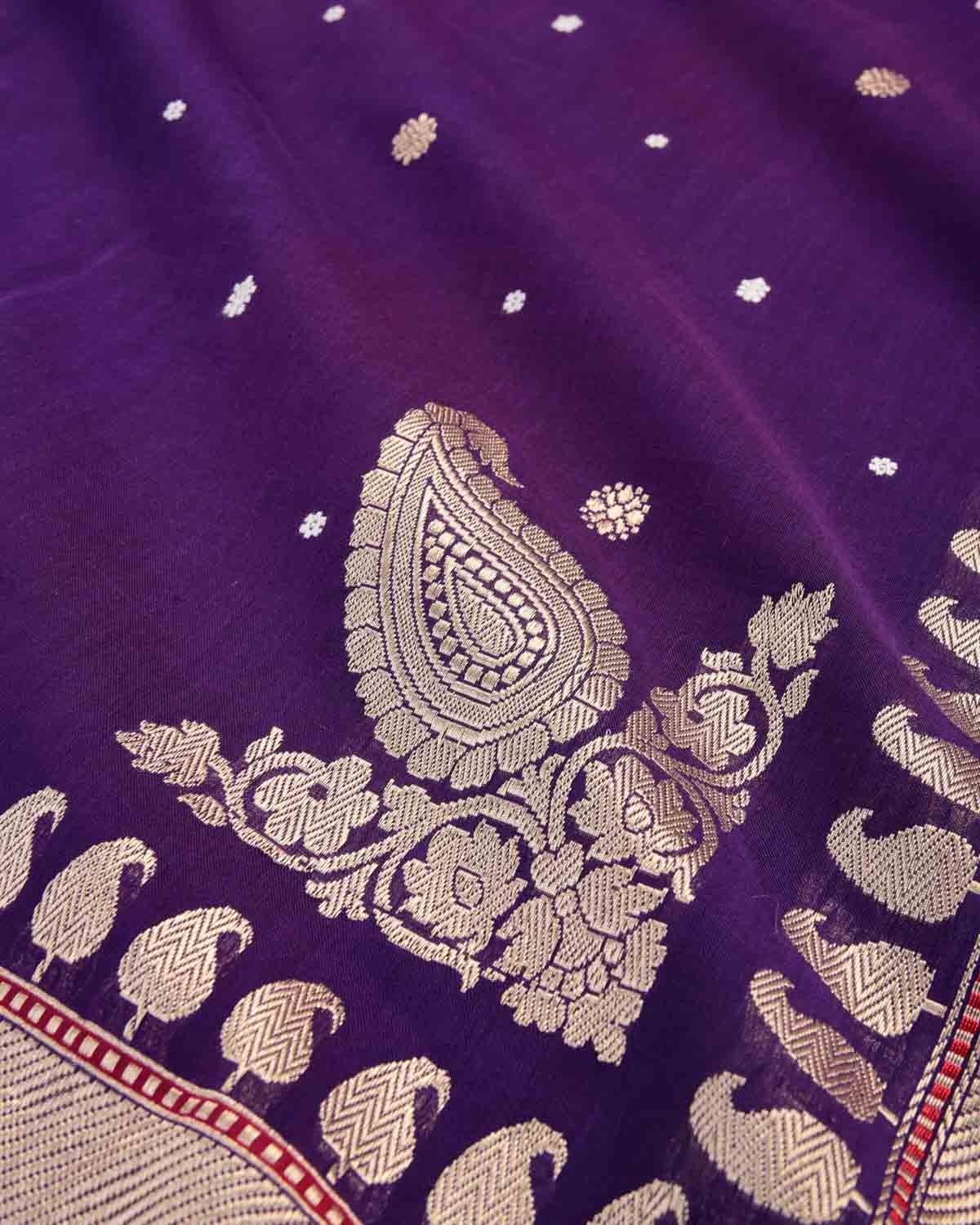 Purple Nilambari Gold & Silver Zari Buti Kadhuan Brocade Handwoven Cotton Banarasi Saree with Koniya Buta-HolyWeaves