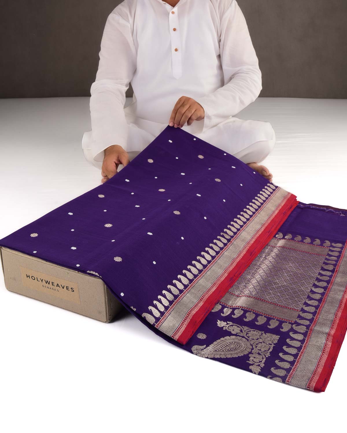 Purple Nilambari Gold & Silver Zari Buti Kadhuan Brocade Handwoven Cotton Banarasi Saree with Koniya Buta-HolyWeaves