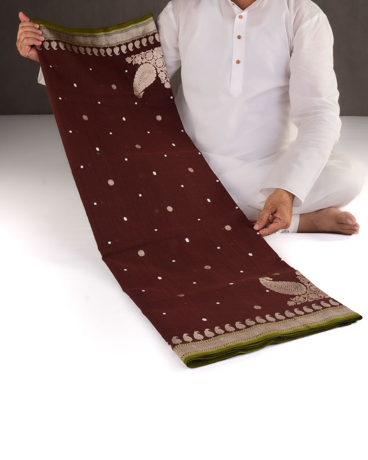 Brown Mrinalambari Gold & Silver Zari Buti Kadhuan Brocade Handwoven Cotton Banarasi Saree with Koniya Buta-HolyWeaves