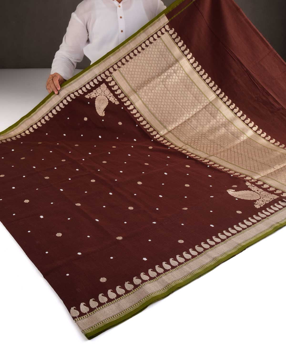 Brown Mrinalambari Gold & Silver Zari Buti Kadhuan Brocade Handwoven Cotton Banarasi Saree with Koniya Buta-HolyWeaves