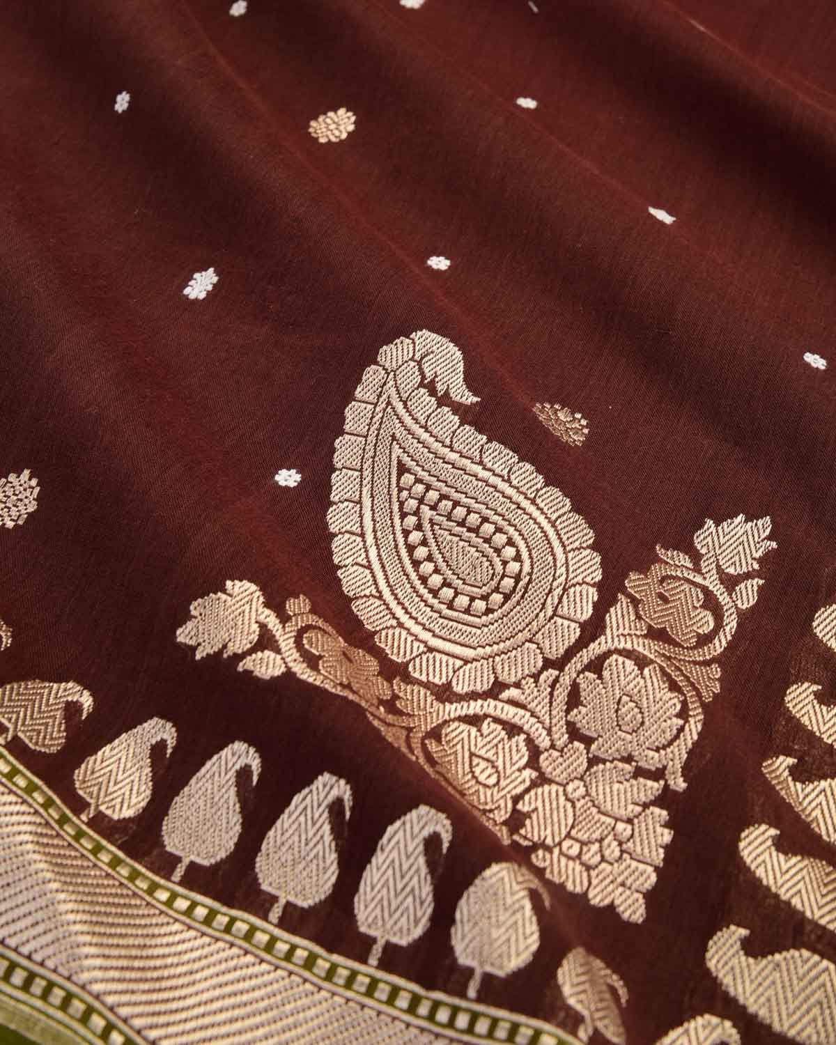 Brown Mrinalambari Gold & Silver Zari Buti Kadhuan Brocade Handwoven Cotton Banarasi Saree with Koniya Buta-HolyWeaves