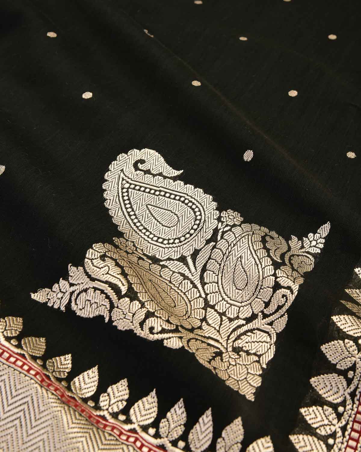 Black Krishnambari Gold & Silver Zari Buti Kadhuan Brocade Handwoven Cotton Banarasi Saree with Koniya Buta-HolyWeaves