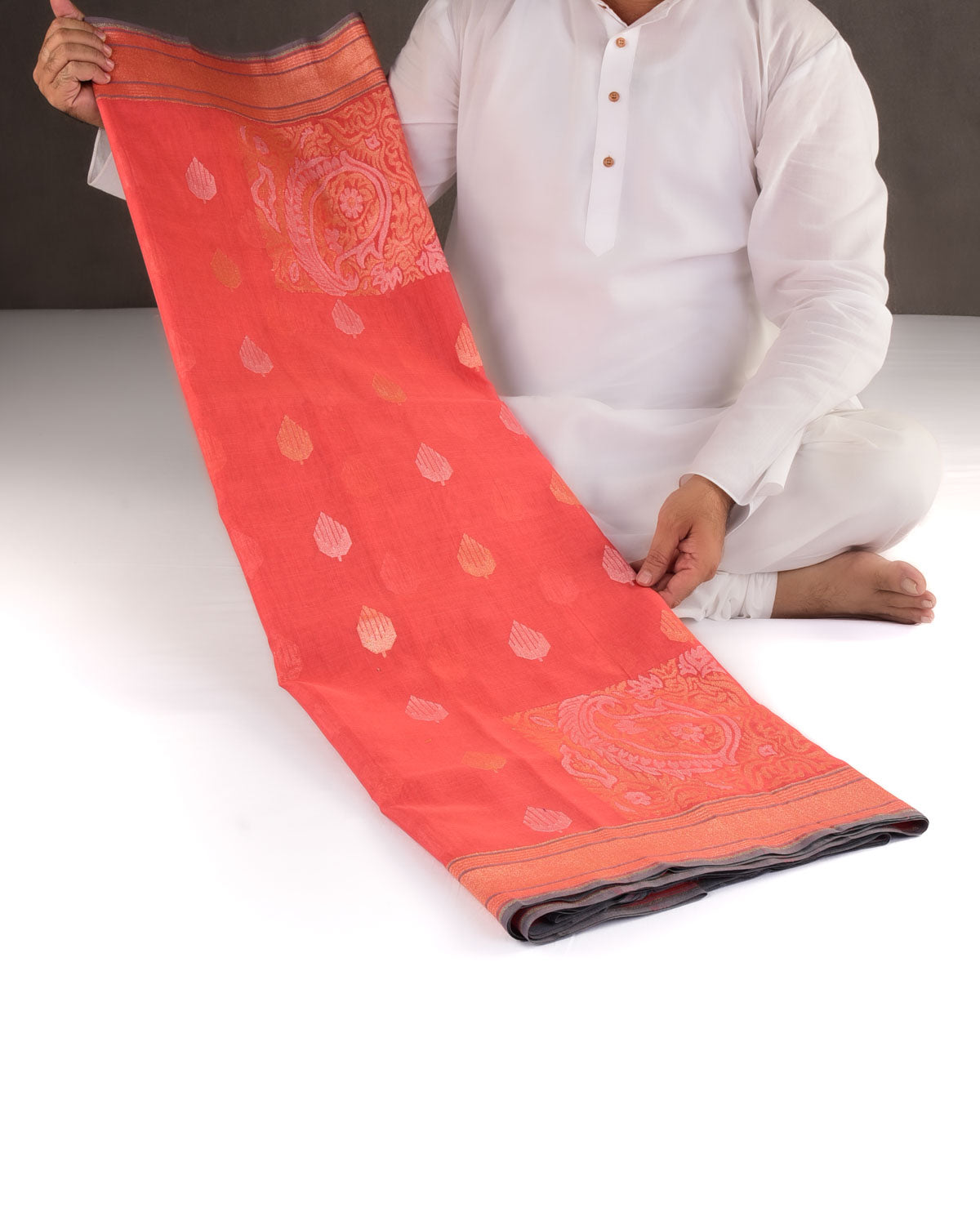 Orange Kesharambari Gold & Silver Zari Buti Kadhuan Brocade Handwoven Cotton Banarasi Saree with Koniya Buta-HolyWeaves