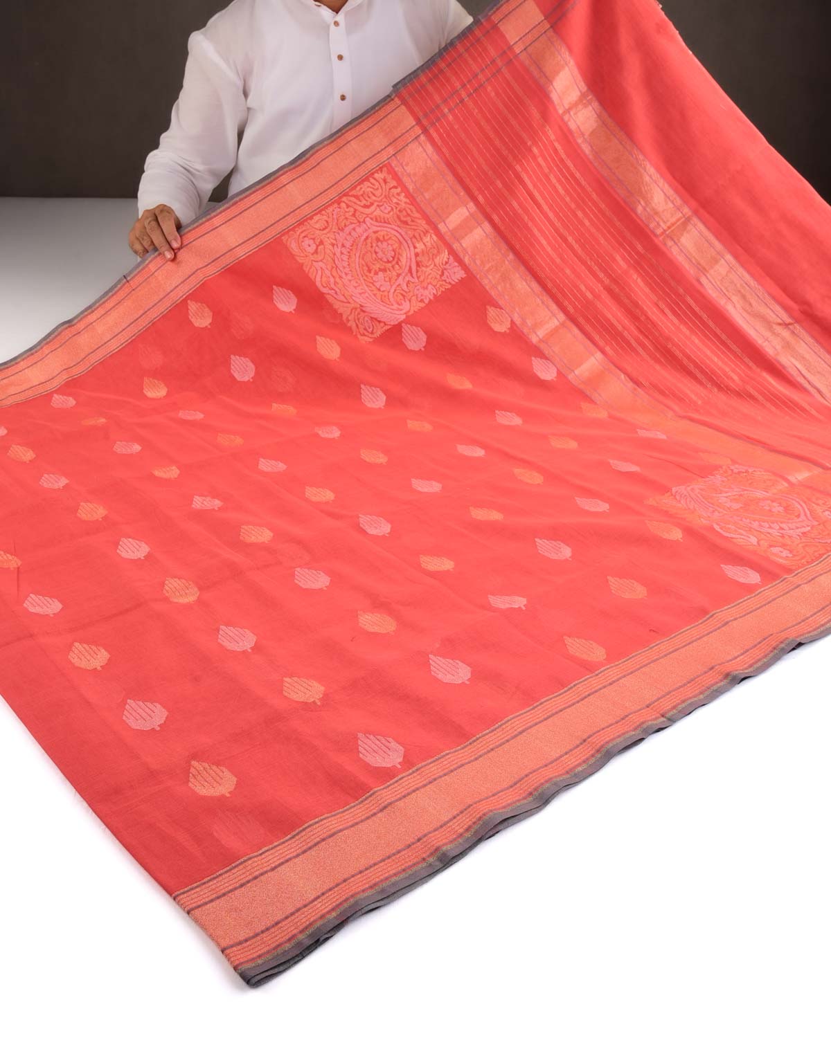 Orange Kesharambari Gold & Silver Zari Buti Kadhuan Brocade Handwoven Cotton Banarasi Saree with Koniya Buta-HolyWeaves