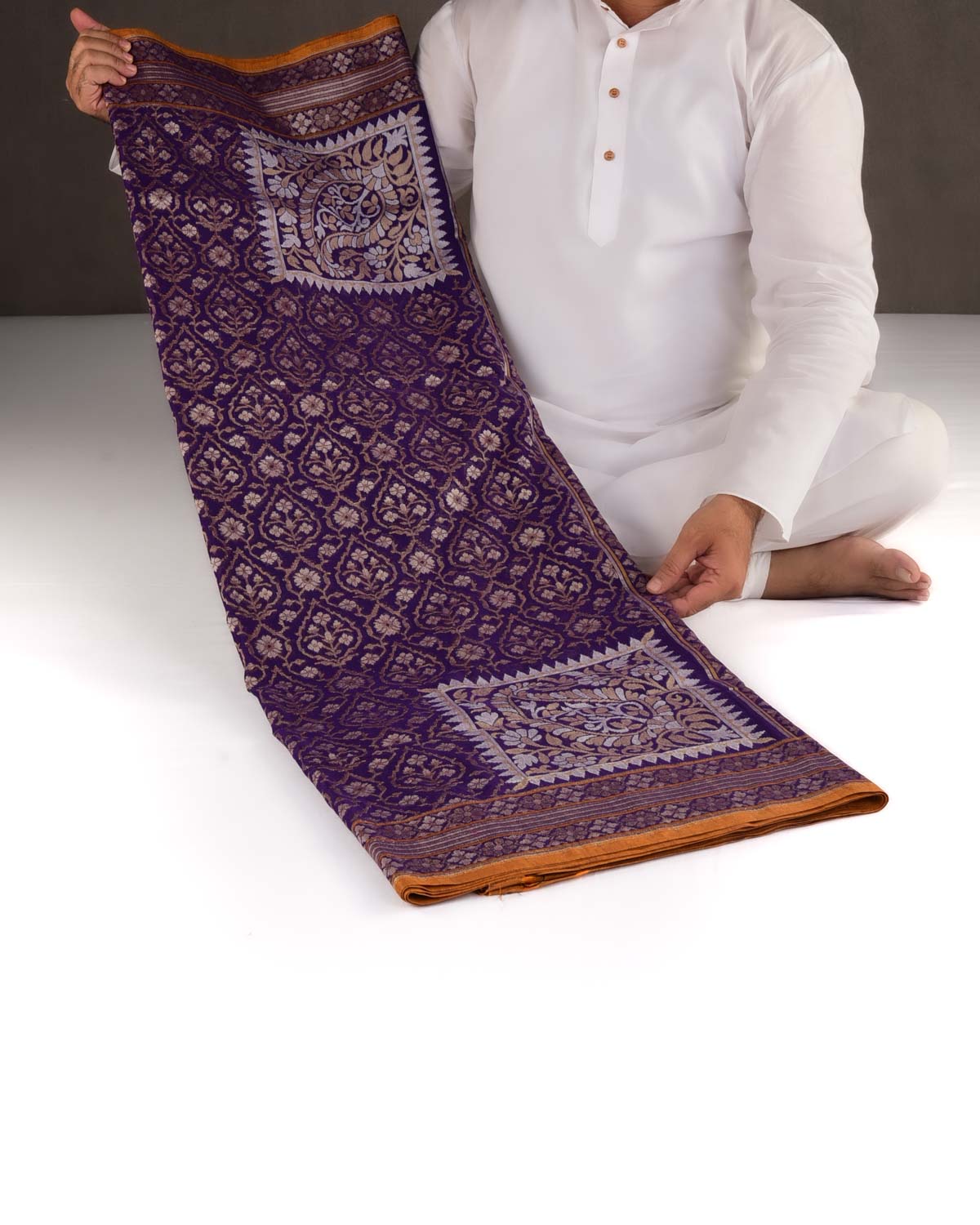 Purple Utpalambari Gold & Silver Zari Jaal Cutwork Brocade Handwoven Cotton Banarasi Saree with Koniya Buta-HolyWeaves