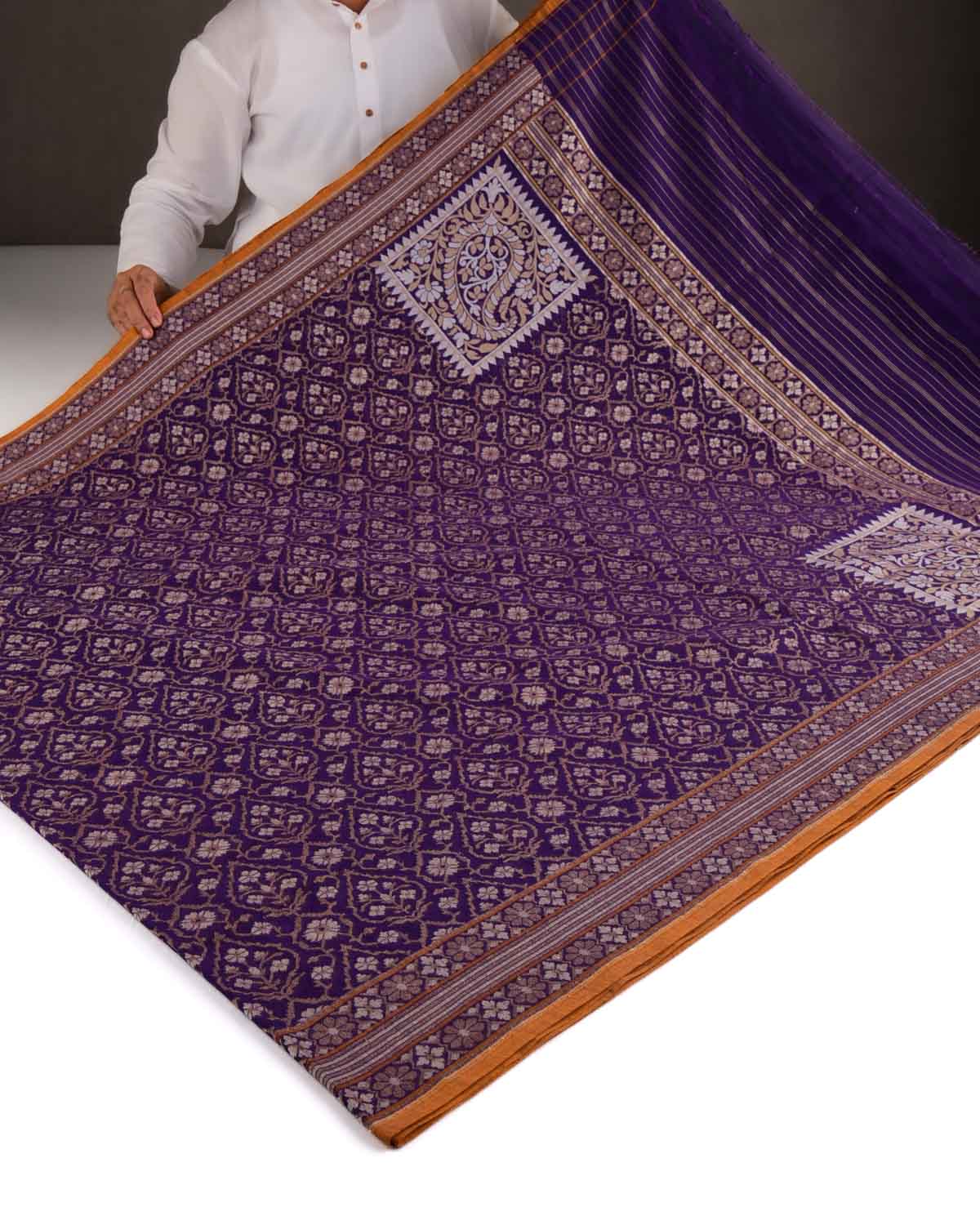 Purple Utpalambari Gold & Silver Zari Jaal Cutwork Brocade Handwoven Cotton Banarasi Saree with Koniya Buta-HolyWeaves