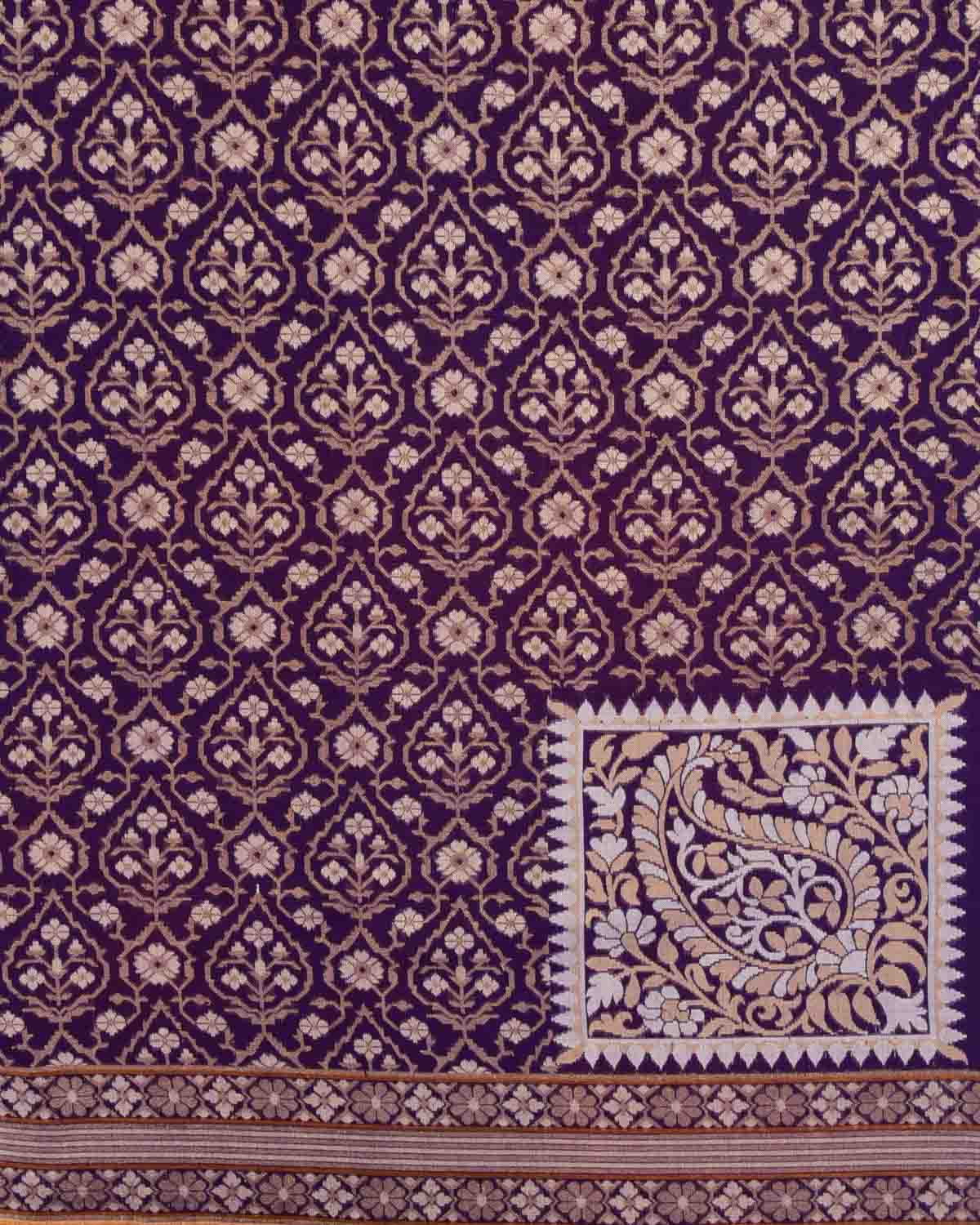 Purple Utpalambari Gold & Silver Zari Jaal Cutwork Brocade Handwoven Cotton Banarasi Saree with Koniya Buta-HolyWeaves