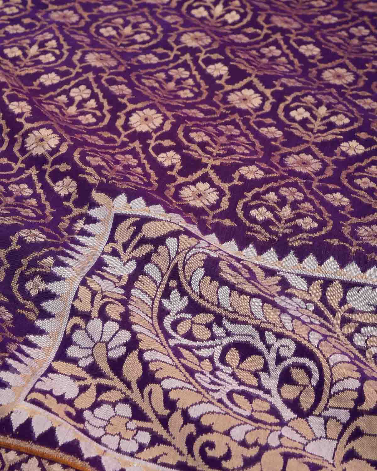 Purple Utpalambari Gold & Silver Zari Jaal Cutwork Brocade Handwoven Cotton Banarasi Saree with Koniya Buta-HolyWeaves