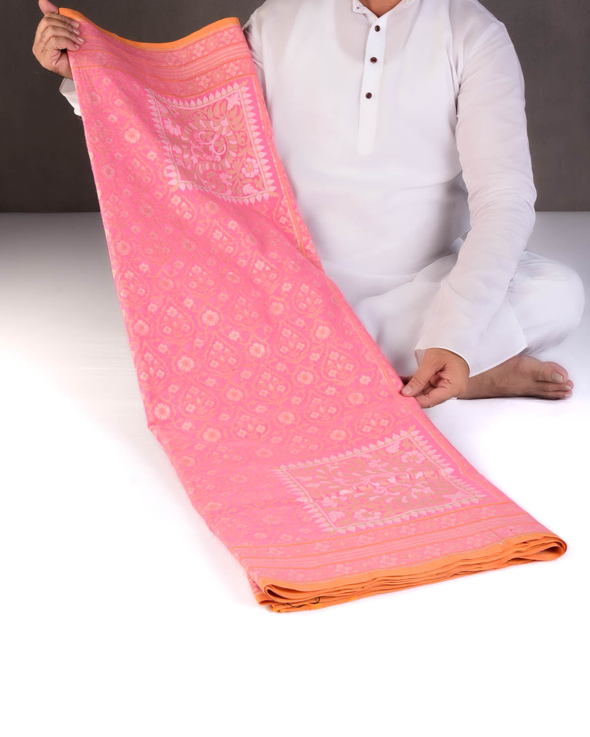 Light Coral Pink Padmambari Gold & Silver Zari Jaal Cutwork Brocade Handwoven Cotton Banarasi Saree with Koniya Buta-HolyWeaves