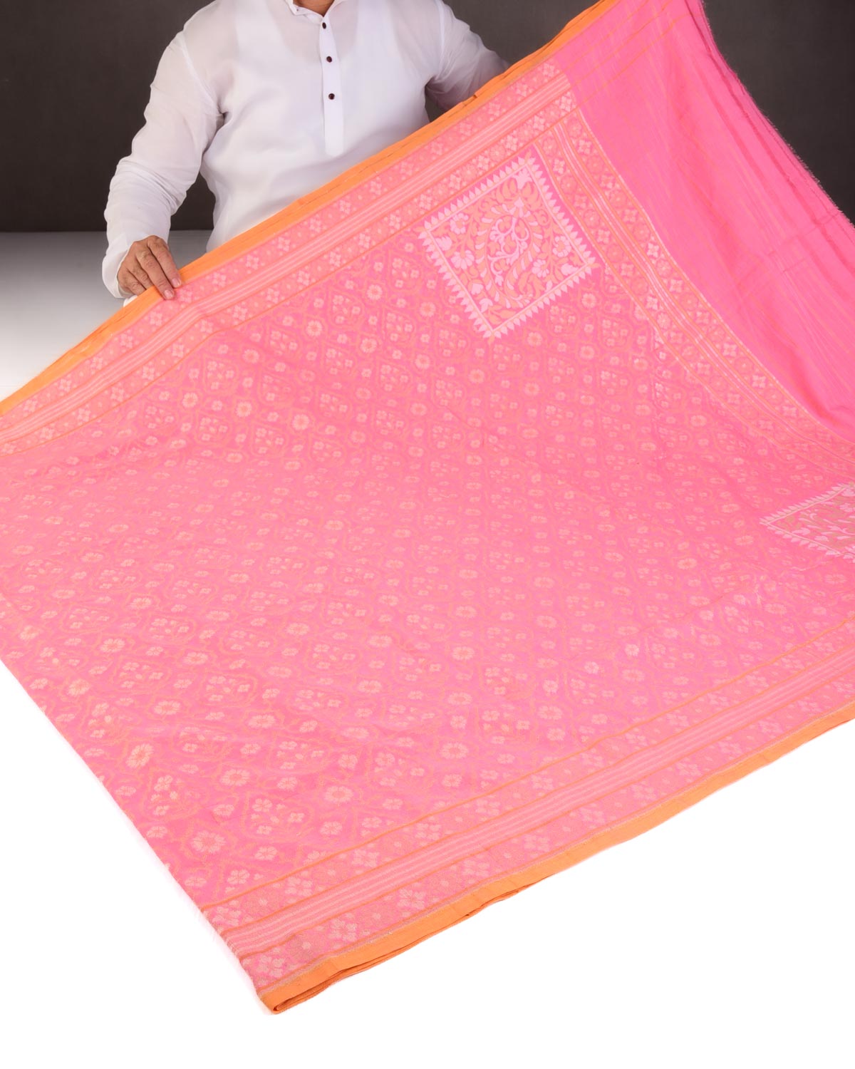 Light Coral Pink Padmambari Gold & Silver Zari Jaal Cutwork Brocade Handwoven Cotton Banarasi Saree with Koniya Buta-HolyWeaves